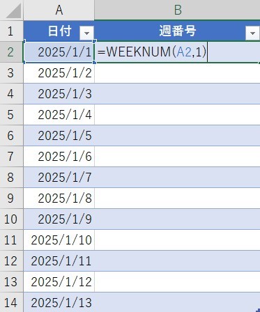 エクセルでのWEEKNUM関数の入力例