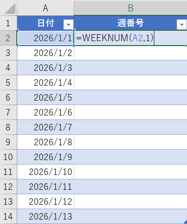 エクセルでのWEEKNUM関数の入力例